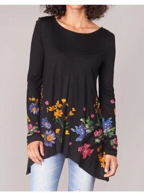 Desigual Black Yellow Blue Floral Asymmetric Hem Long Sleeve Tunic Corinne Shirt